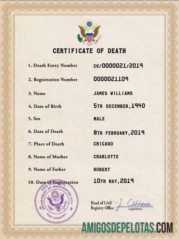 Para baixar modelo PSD de certidão de óbito de registro vital dos EUA